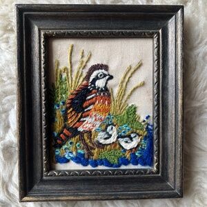 Vintage 1970s Embroidered Framed Art Picture Mother Partridge and Cheepers Bird